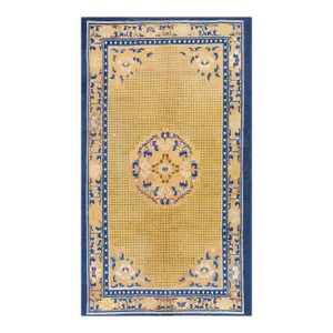 1800s Mustard Yellow Medallion Antique Chinese Ningxia Kang Rug 6' X 10'3" Handknotted Wool Carpet