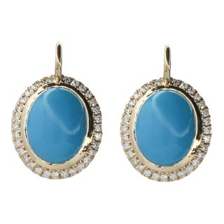 Sleeping Beauty Turquoise Drop Earrings With Earth Mined Diamonds in Solid 14k Gold Oval - 2 Pieces For Sale