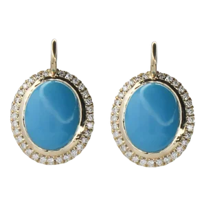 Sleeping Beauty Turquoise Drop Earrings With Earth Mined Diamonds in Solid 14k Gold Oval - 2 Pieces