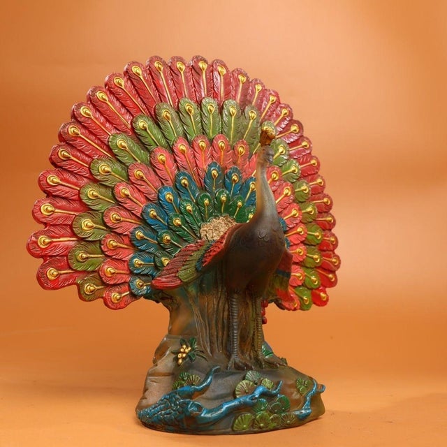 Colored Glaze Figure of a Peacock in Full Display For Sale In Los Angeles - Image 6 of 9