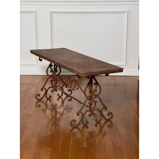 Rustic European Regency Scroll Iron Bench, Coffee Table, Faux Leather Trompe-l'Oeil Top, 1960s For Sale - Image 3 of 13
