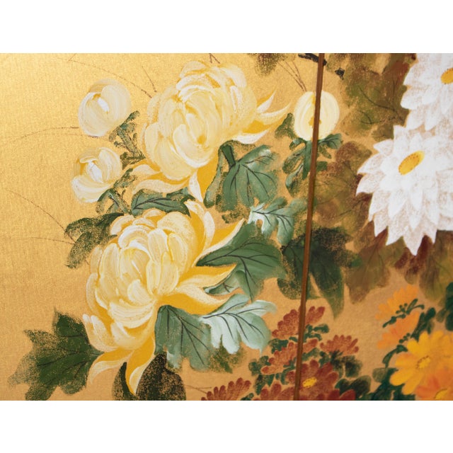 Wood "Autumn Flowers" by Kazuko Chiyo Sasaki, C. 1960s Painted Silk Byobu Screen For Sale - Image 7 of 17
