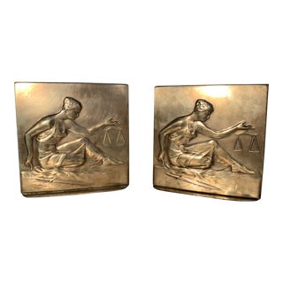 Antique Lady Justice Art Deco Brass Bookends - a Pair For Sale