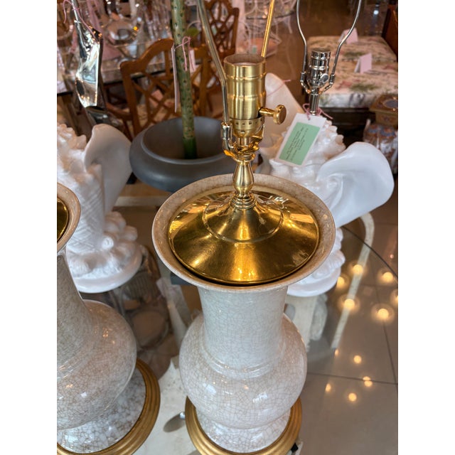 1970s Vintage Palm Beach Crackle Glaze Porcelain & Brass Table Lamps Newly Wired - a Pair For Sale - Image 5 of 12
