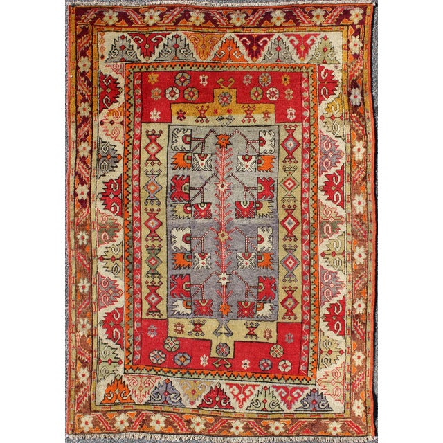 Textile Colorful Antique Turkish Small Oushak Carpet in Multi Layered Design For Sale - Image 7 of 7