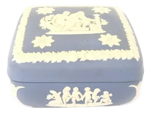1970s Wedgwood Jasperware Blue & White Square Trinket Box a Sacrifice to Aesculapius