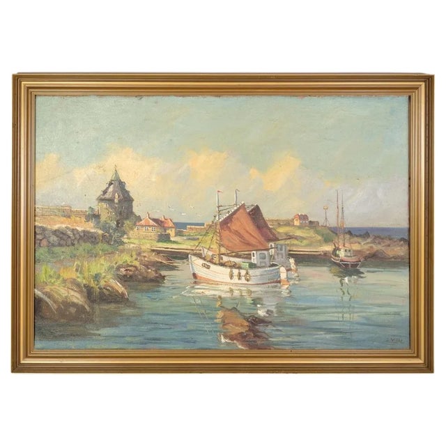 Fishing Boats Near Shore, 1930s, Oil on Canvas, Framed For Sale