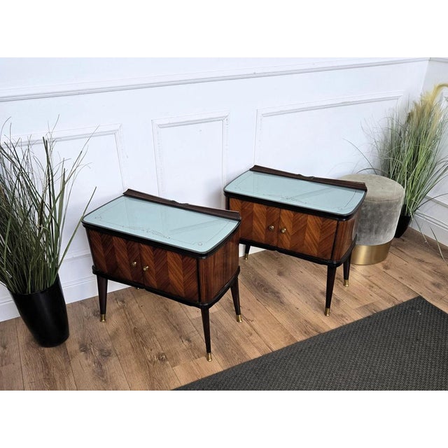 Mid-Century Art Deco Italian Nightstands with Walnut Glass Top, 1950s, Set of 2 For Sale - Image 10 of 11