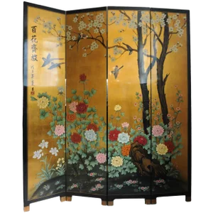 Lacquer De Chine Decorative Floral Four Fold Two-Sided Room Divider
