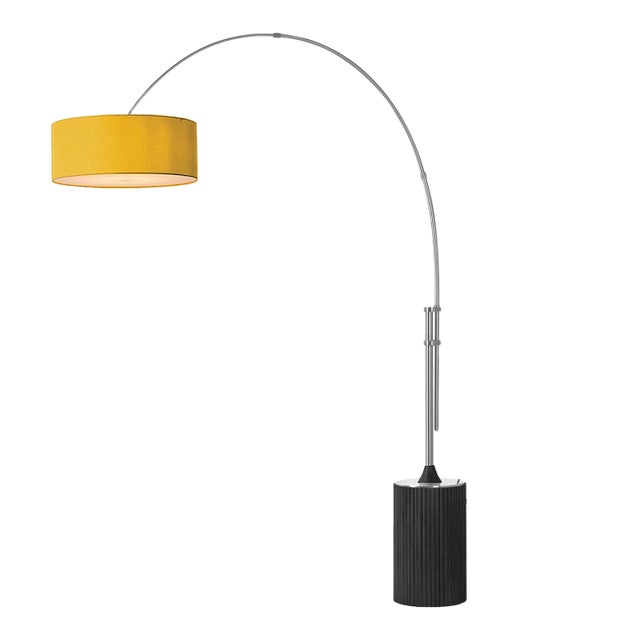 1980s Tambo 92"h 1-Light Arc Lamp, Mustard Linen Shade, Black Oak Base, Satin Nickel, Dimmable, for Living Room or Bedroom For Sale