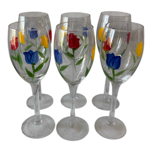 Set of 6 Wine Glasses With Hand Painted Tulips