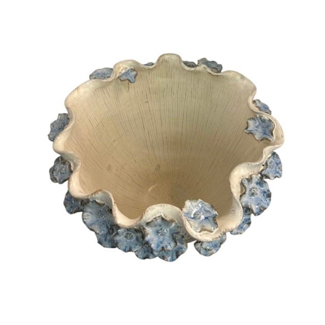 Vintage Italian Art Pottery Urn Planter With Applied Blue Floral Appliqués and Scalloped Rim For Sale - Image 4 of 12