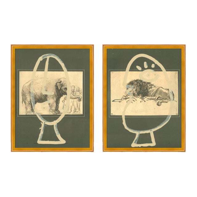 Lion and Elephant Diptych Prints by Virginia Chamlee in Gold Frames, Small, Set of 2 For Sale
