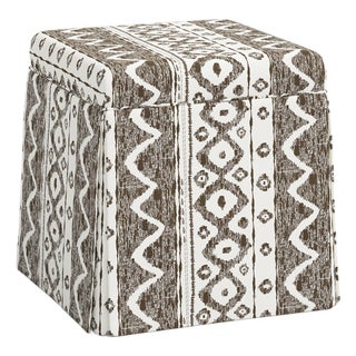 Dyer Skirted Storage Ottoman in Linny Ikat Brown For Sale