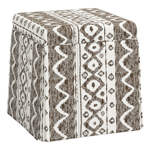 Dyer Skirted Storage Ottoman in Linny Ikat Brown For Sale