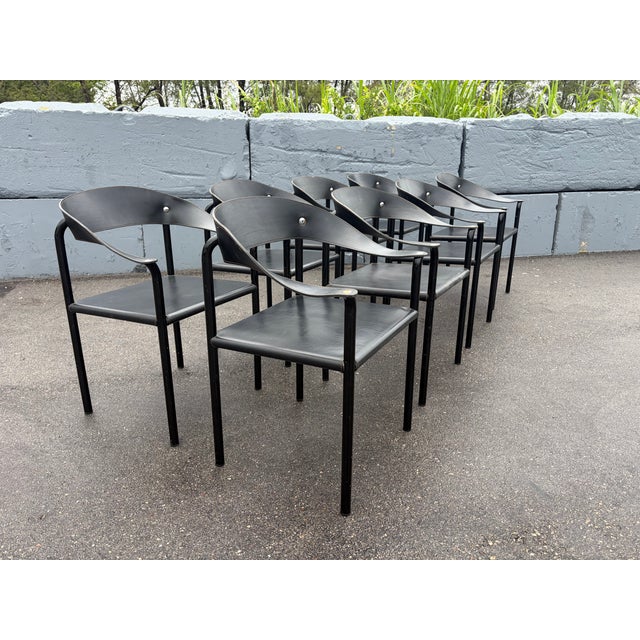Set of Eight Attributed Artelano Black Leather Arm Chairs, Italy 1980s For Sale In Miami - Image 6 of 18