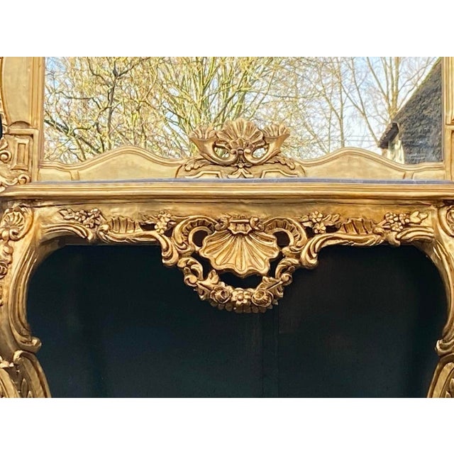 1940s French Louis XVI Baroque Rococo Console Table & Mirror Set – Hand-Carved Beechwood With Marble Top For Sale - Image 4 of 12