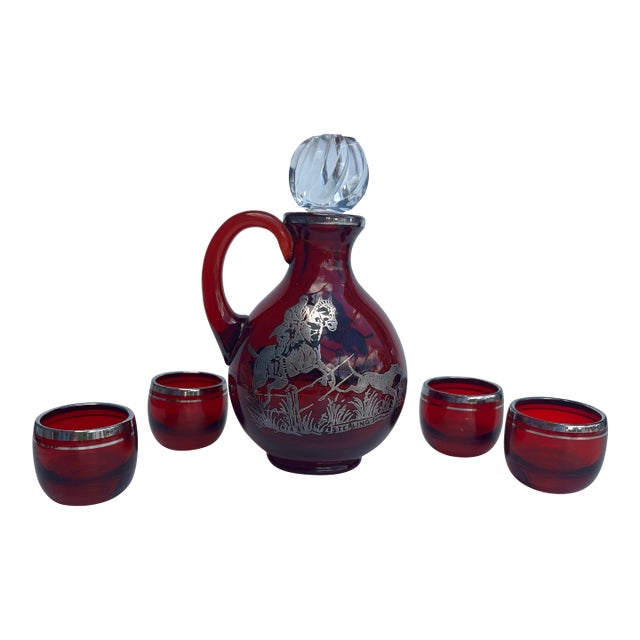 Antique Ruby Red Glass Cordial Decanter & Tumbers Set With Sterling Silver Hunt Scene For Sale