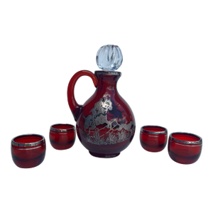 Antique Ruby Red Glass Cordial Decanter & Tumbers Set With Sterling Silver Hunt Scene