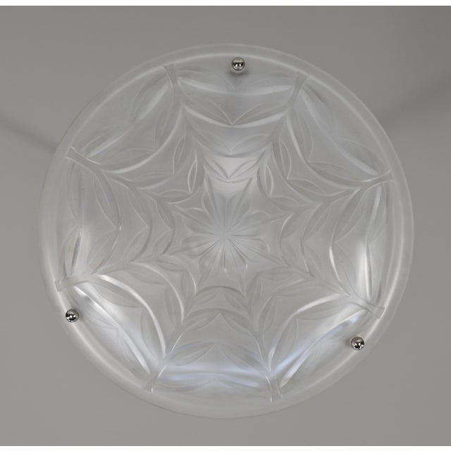 1930s French Art Deco Pendant Light by Degue 1930s - Floral Glass & Nickeled Bronze For Sale - Image 5 of 13