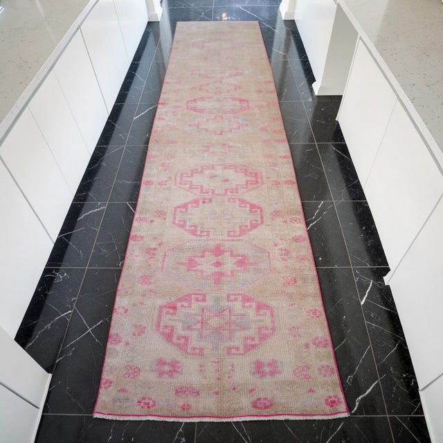 Contemporary 1960s Turkish Hand-Knotted Muted Runner Rug Low Pile Hallway Decor 3x12 Ft Approx For Sale - Image 3 of 16