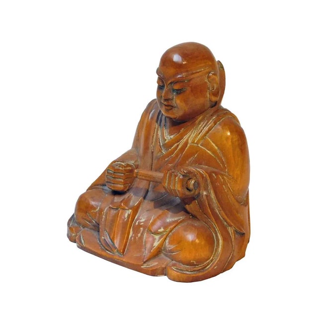 Asian Antique Wood Carved Lo Han Monk Statue In Deep Meditation Praying Position For Sale - Image 3 of 5