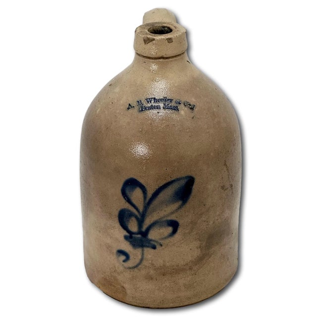 American Antique American Blue Decorated Stoneware 1 Gallon Spirits Jug by A. B. Wheeler & Co. In Boston Mass For Sale - Image 3 of 12