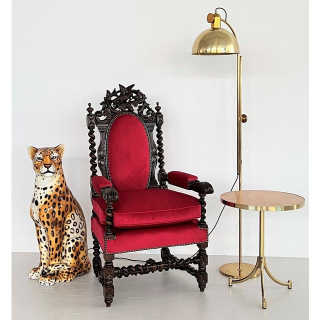 Baroque throne armchair made of full nutwood in Italy. The armchair was completely new upholstered inside / outside with...