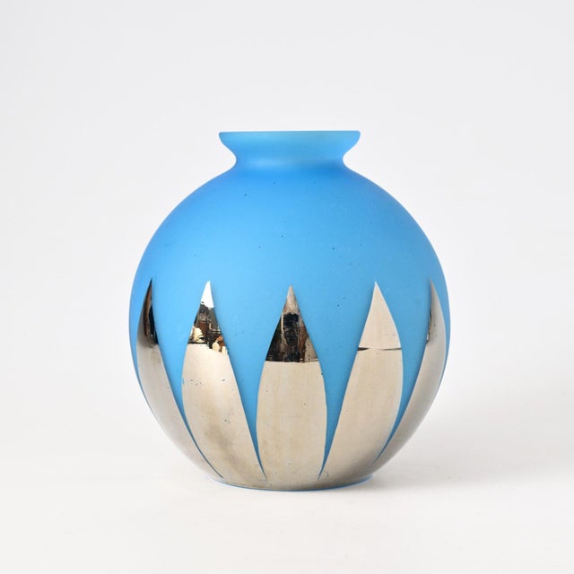 Blue Spherical Blue Frosted Glass Vase with Silver Mirror Decoration, 1940s For Sale - Image 8 of 8