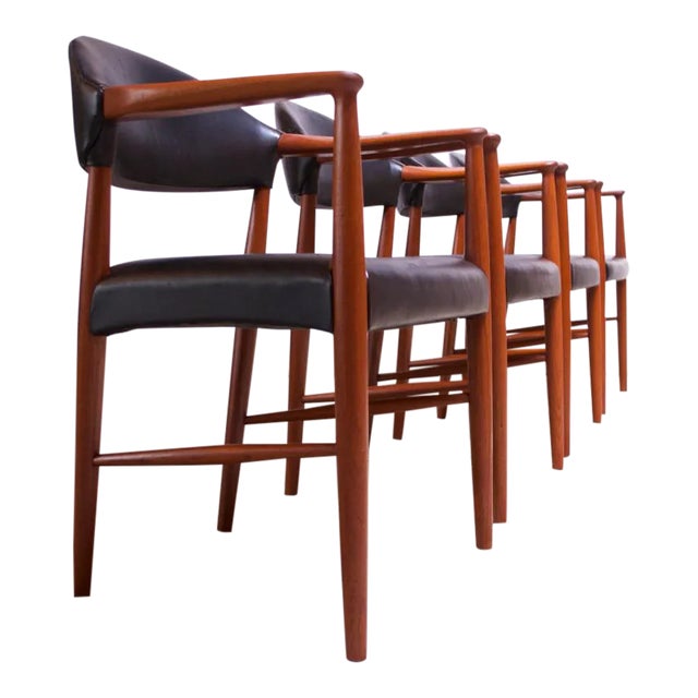 Set of Four Teak and Leather Armchairs by Kurt Olsen for Slagelse Møbelværk For Sale