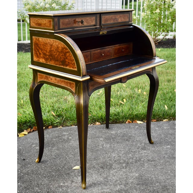 Antique French Walnut Desk Burl Brass Inlay Cylinder Roll Style Bureau Ormolu For Sale - Image 14 of 16