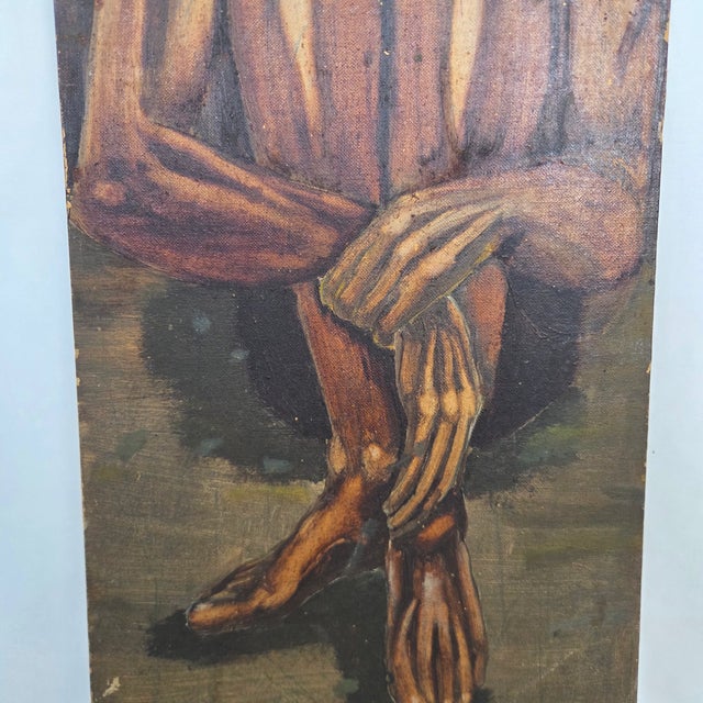 Textile Mid-Century Modern Signed c.1930s "Huddled Man" Oil on Canvas Expressionist Painting For Sale - Image 7 of 13