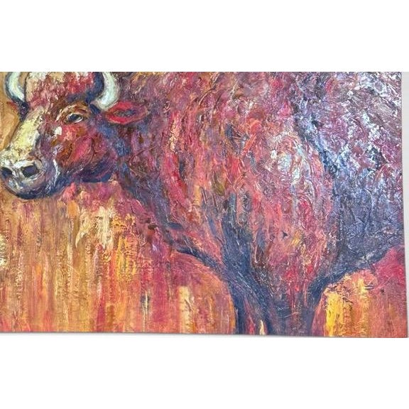 Late 20th Century Oversized Mid-Century Western Expressionist Bison Buffalo Original Impasto Oil Painting Gallery Wrap Canvas For Sale - Image 9 of 12