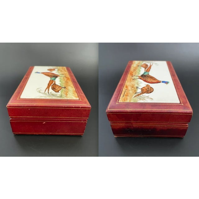 Antique Italian Leather Trinket Box With Handpainted Pheasants Tile Top For Sale - Image 4 of 13