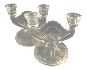 Vintage Jeannette Glass Co. Iris and Herringbone Double Candelabras - Set of 2
