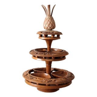 Vintage Mid-Century Carved Wood Tiered Lazy Susan With Pineapple Finial For Sale