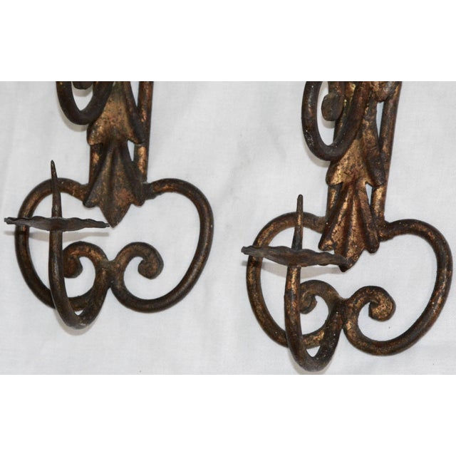 1980s Pair of Metal Candleholder Wall Sconces With Foliate and Scrolls For Sale - Image 5 of 7