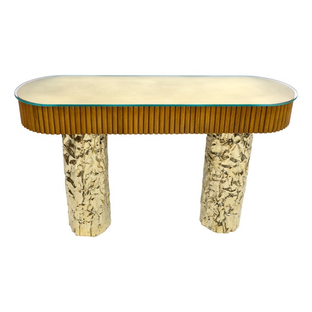 Mid-Century Wood and Brass Center Console, Italy, 1990s For Sale
