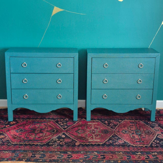 Hollywood Regency Green Painted 3-Drawer Chests Nightstands Credenza, a Pair For Sale - Image 4 of 12