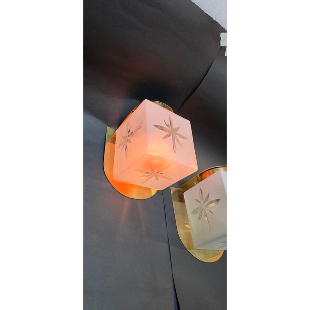 Vintage Art Deco Light Old Lamp Wall Sconces Fixture Brass & Star Frosted Cube Glass Shade Lamp Ship Light - a Pair For Sale - Image 4 of 5