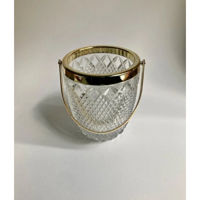 Mid Century Clear Crystal Diamond Point & Gold Handled Ice Bucket For Sale - Image 4 of 13