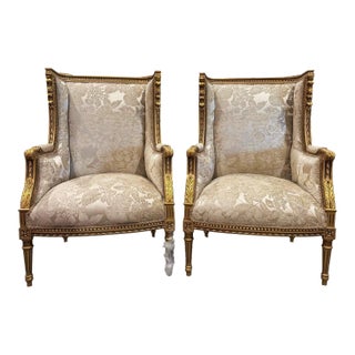 Neo-Classical Gold Bergère Wing Chair With Gold Leaf Details For Sale