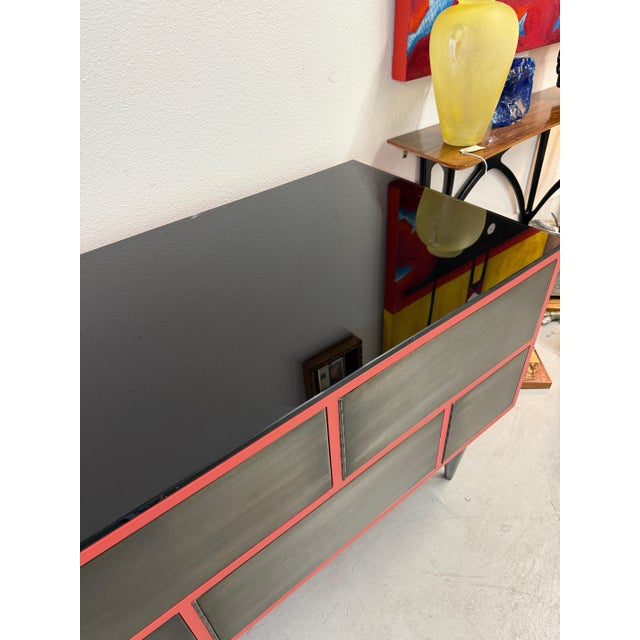 Mid-Century Modern 1990s Custom 11 Drawer Credenza in Red with Brushed Steel Doors and Black Glass Top For Sale - Image 3 of 17