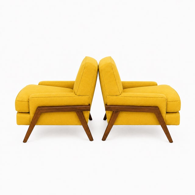 Mid century lounge chairs. Set was reupholstered for listing. Walnut wood trim was refinished. We used a yellow chenille,...