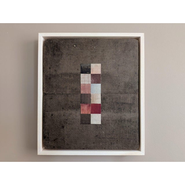 GEOMETRIC COLLAGE 12 SQUARES Size: 12.8 x 11 inches (including frame) Repurposed book binding materials on wooden panel A...