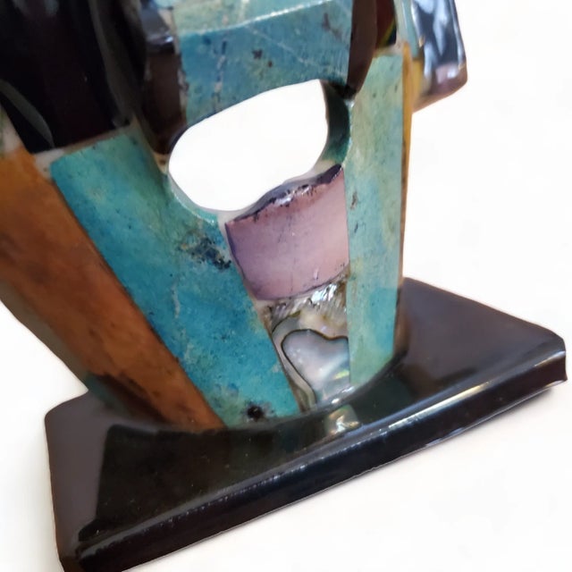 Onyx Aztec Mayan Onyx Abalone Semi Precious Stone Mosaic Burial Face Mask 6" Statue For Sale - Image 8 of 10