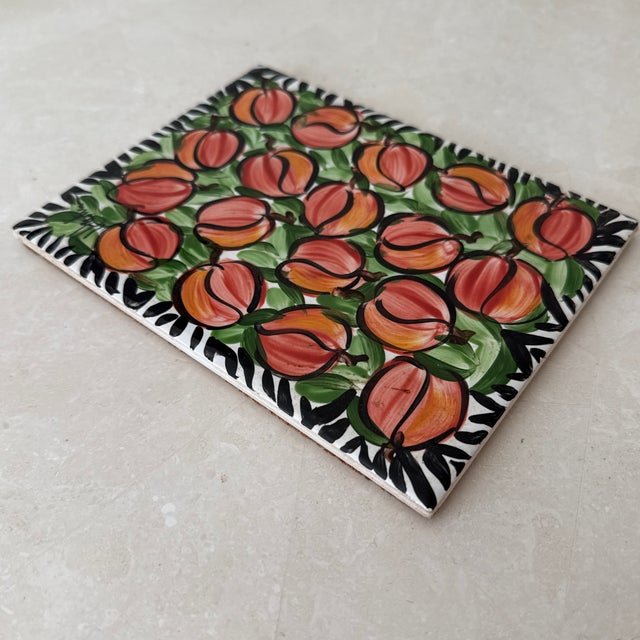 Farmhouse Late 20th Century Handpainted Peach Tile Trivet For Sale - Image 3 of 6