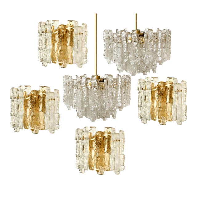 Ice Glass Wall Sconces with Brass Tone by J. T. Kalmar, Austria, Set of 6 For Sale