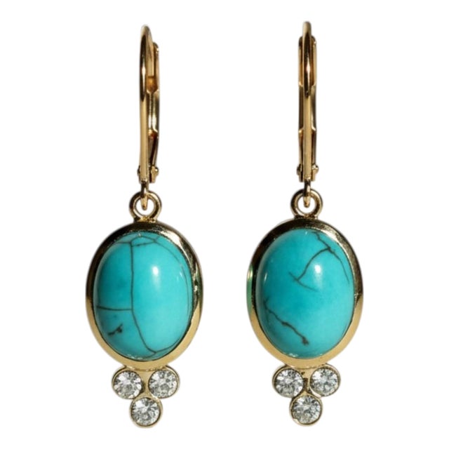 14k Yellow Gold Diamond Lever-Back Drop Earrings With Natural Turquoise, A Pair For Sale