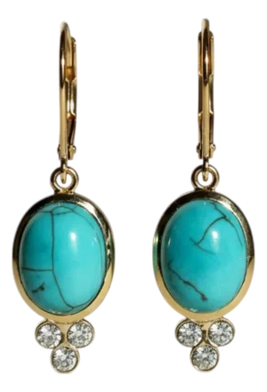 14k Yellow Gold Diamond Lever-Back Drop Earrings With Natural Turquoise, A Pair